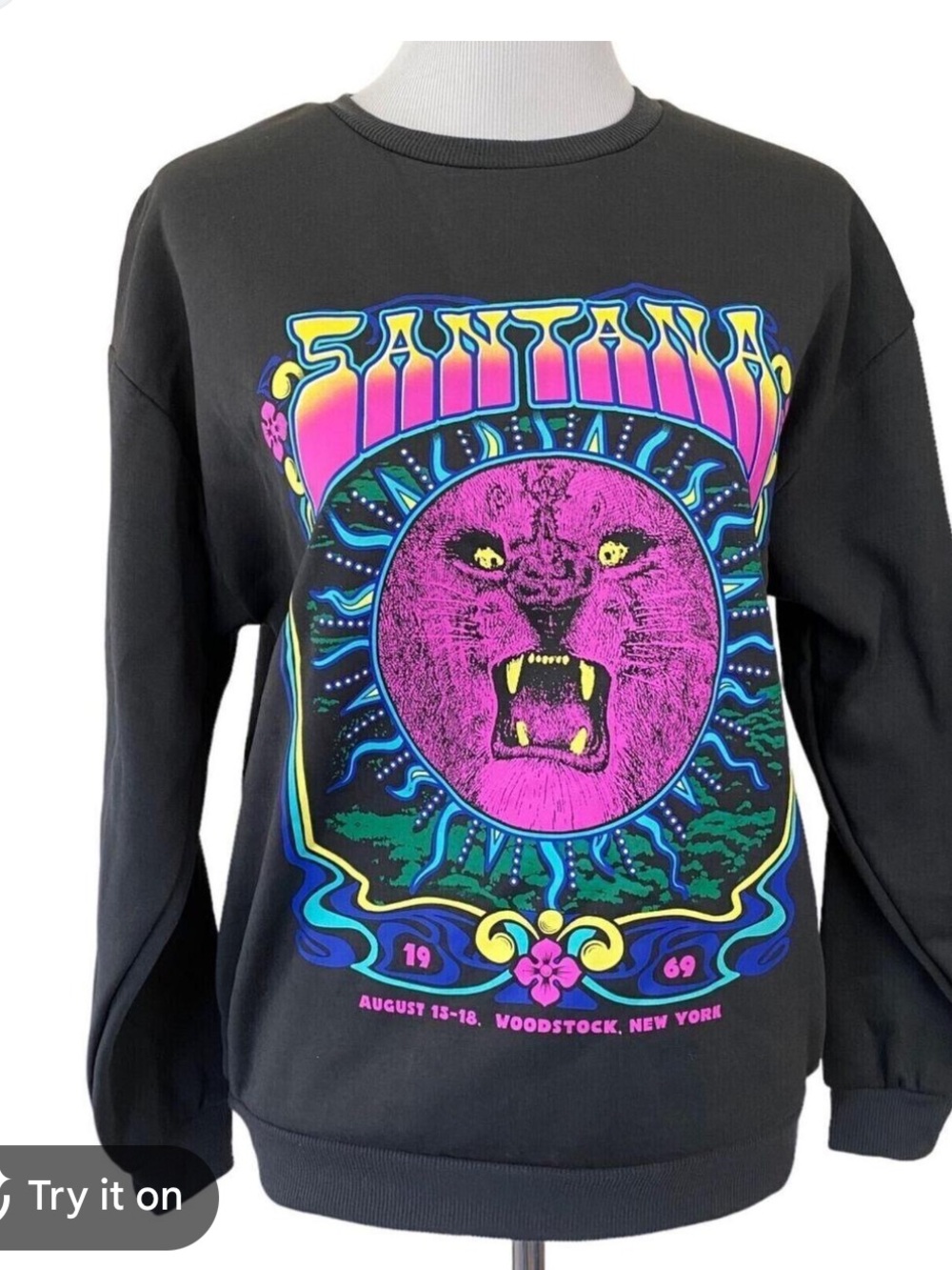 Carlos Santana Black Crewneck Sweatshirt with Neon Pink & Blue Graphic